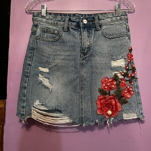 Source Unknown Distressed Denim Skirt with Red Floral Embroidery